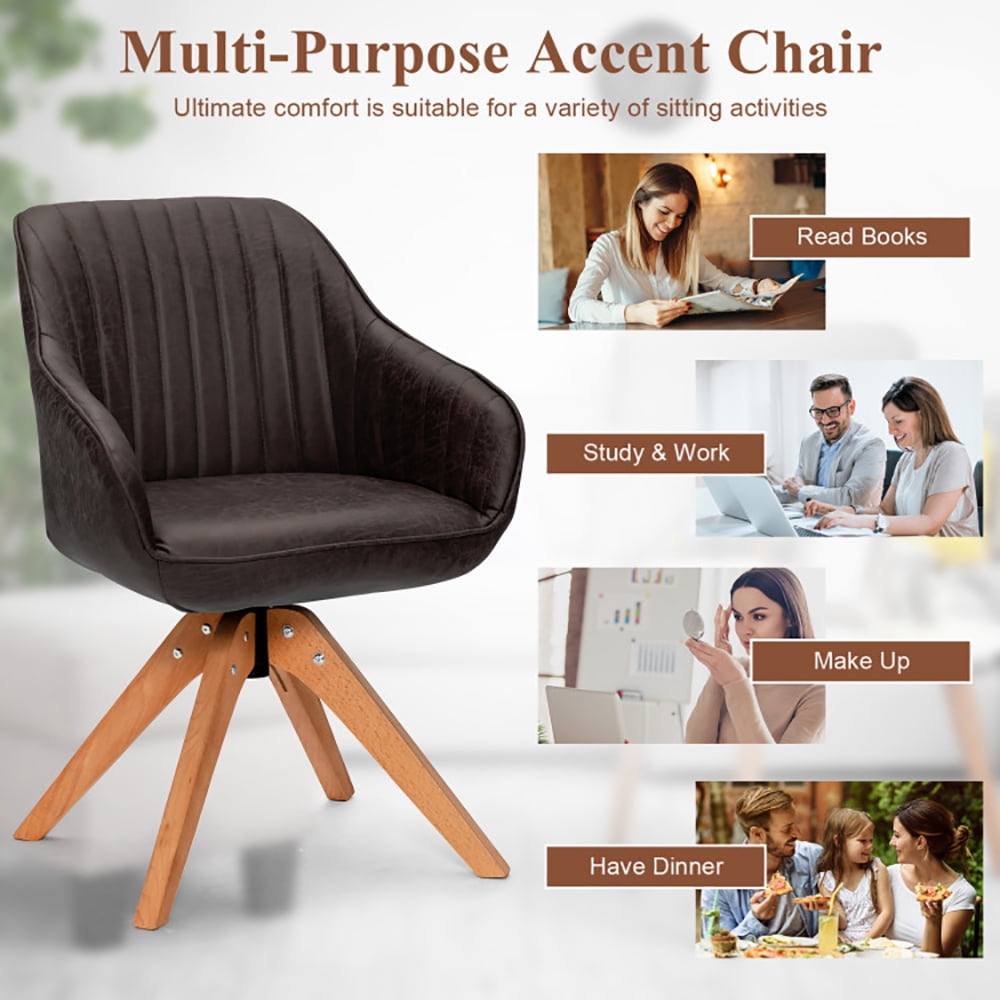 Finihen Swivel Accent Chair, Mid-Century Swivel Accent Chair PU Leather Vanity Study Armchair, for study room, Bedroom, Living Room, Dark Brown