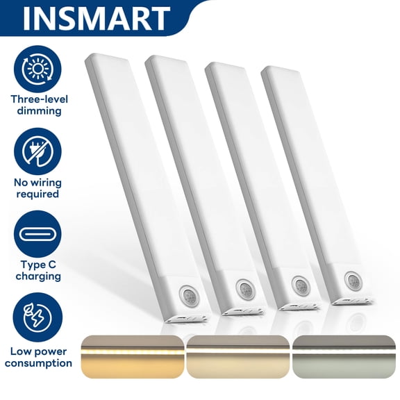 INSMART 4-Pack Under Cabinet Lights with 40 LED, USB Rechargeable Motion Sensor Closet Lighting for Kitchen Wardrobe, 3-Speed Dimming, No Wiring, Magnetic Strip (7.9in)