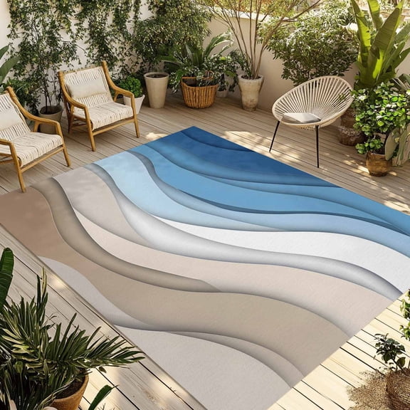 Fsddascl Blue Brown Outdoor Rug for Patio/Deck/Porch, Non-Slip Large Area Rug 6 x 9 Ft, Gradient Geometric White Water Stripes Modern Indoor Outdoor Rugs Washable Area Rugs, Camping Rug Carpet