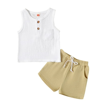 

Baby Kids Boys Shorts Set Button Closure Tank Top Elastic Waist Shorts