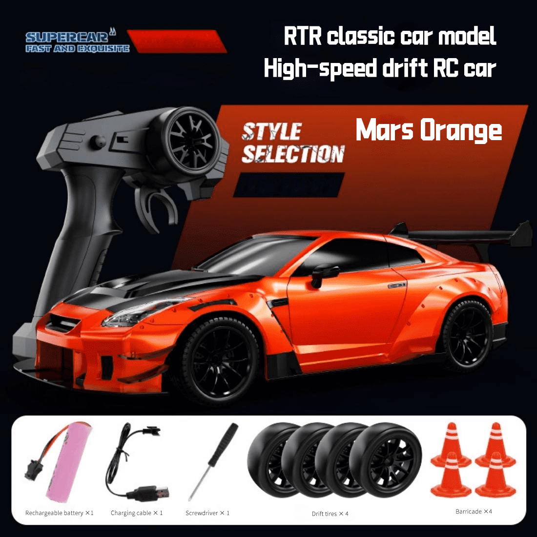 1:20 Scale High-Speed Remote Control Drift Car with Realistic Lights, 2.4GHz 4WD RC Stunt Car, 50-80m Range, USB Rechargeable, Ready-to-Run Racing Toy for Teens & Adults