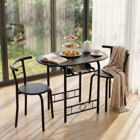 Vineego 3-Piece Dining Set for 2,Small Space Saving Kitchen Breakfast Table and 2 Wooden Chairs,Black