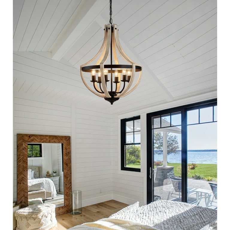 LOG BARN Modern Farmhouse Wagon Wheel Chandelier - 6-Light Gold Dining Room Ceiling Light, Adjustable Chain