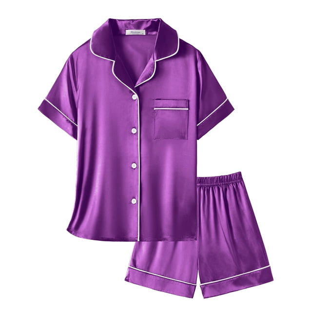 Conjunto de pijama Arshiner para niñas, satén de seda, botones, color morado oscuro