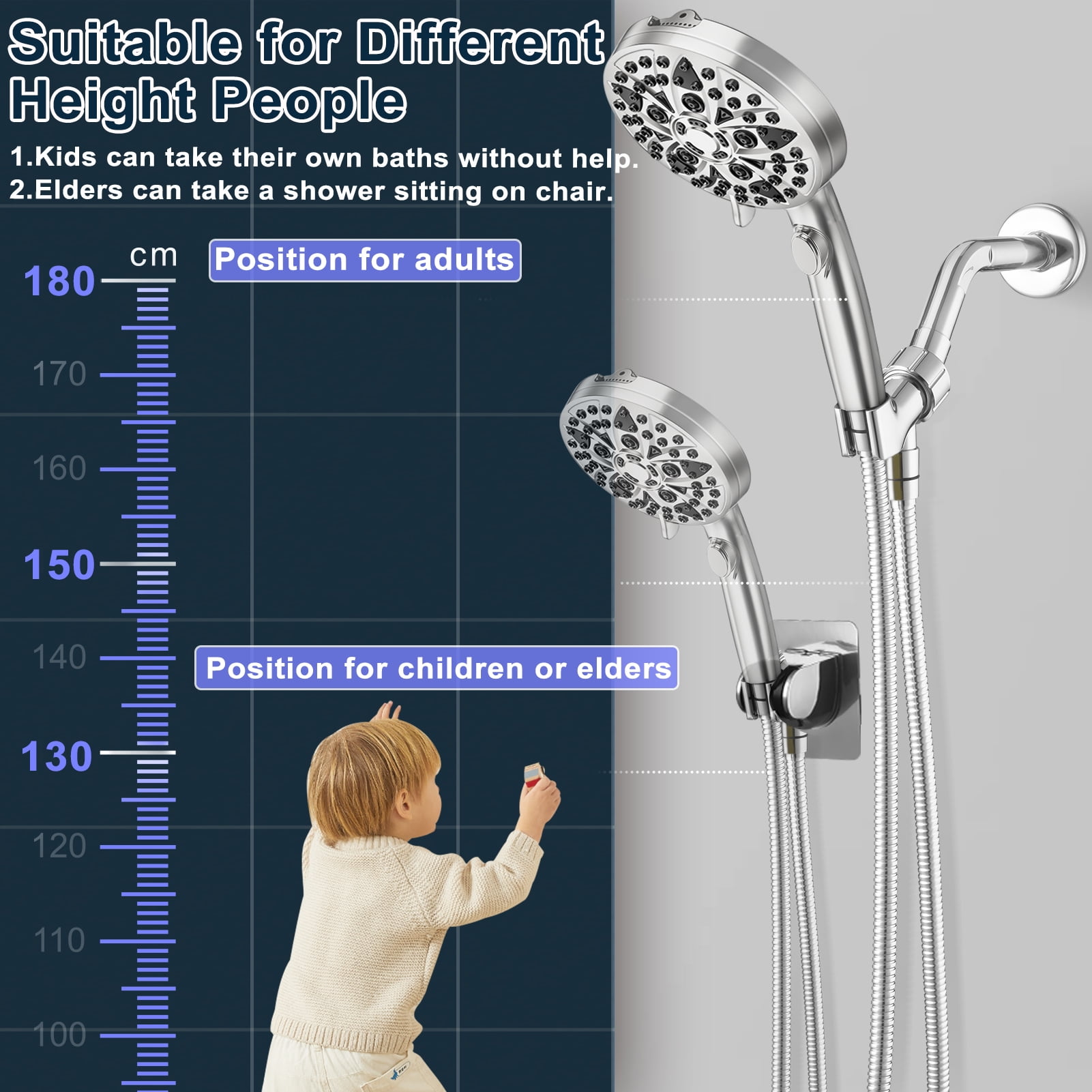 High Pressure Handheld Shower Head, 4.8" Large Panel Rain Shower Head with 9 Spray Modes, One-Touch Pause Button, Long Hose and Adjustable Bracket for Bathroom Cleaning and Pet Bath
