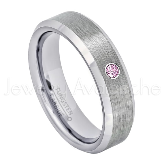 6mm Ladies Beveled Tungsten Ring - 0.07ct Solitaire Pink Tourmaline Ring - Personalized Tungsten Wedding Ring - Custom Made October Birthstone Ring TN038BS