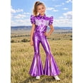thumbnail image 5 of iiniim Girls Western Cowgirl Outfit Ruffled Sleeves Press Buttons Tassel Metallic Tops with Split Bell-bottom Pants for Theme Party Purple 8, 5 of 7