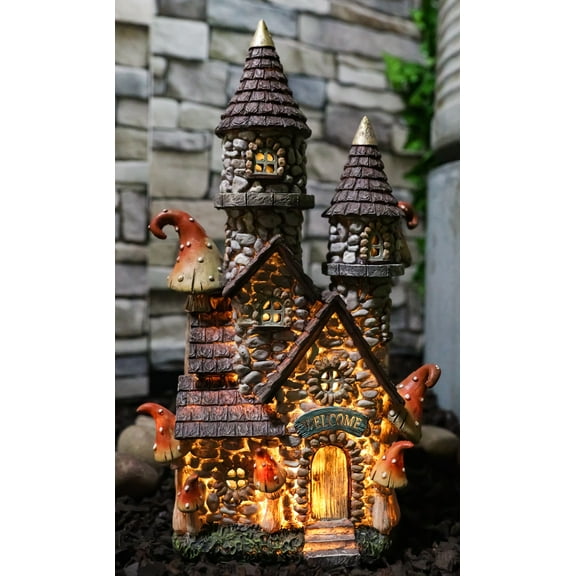 Fairy Garden LED Light Up Castle Stone House With Tall Tower Roofs Figurine