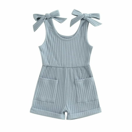 DGMIOCS Girls Ribbed Romper - Sleeveless Tie-Strap Jumpsuit with Pockets & Rolled Navy 18-24 Months