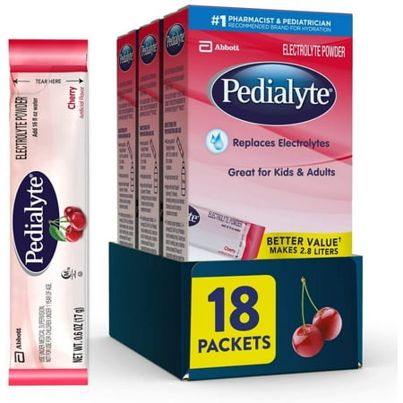 Pedialyte Electrolyte Powder, Cherry, Electrolyte Hydration Drink, 0.6 oz Powder Packs (18 Count)