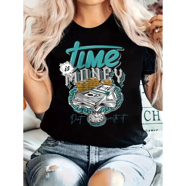 1 Pce T-Shirt Vintage pour Femmes, Imprimé Géométrique Argenté, Col Rond, Tissu Tricoté Polyester, Longueur Régulière, Haut d'Été Décontracté