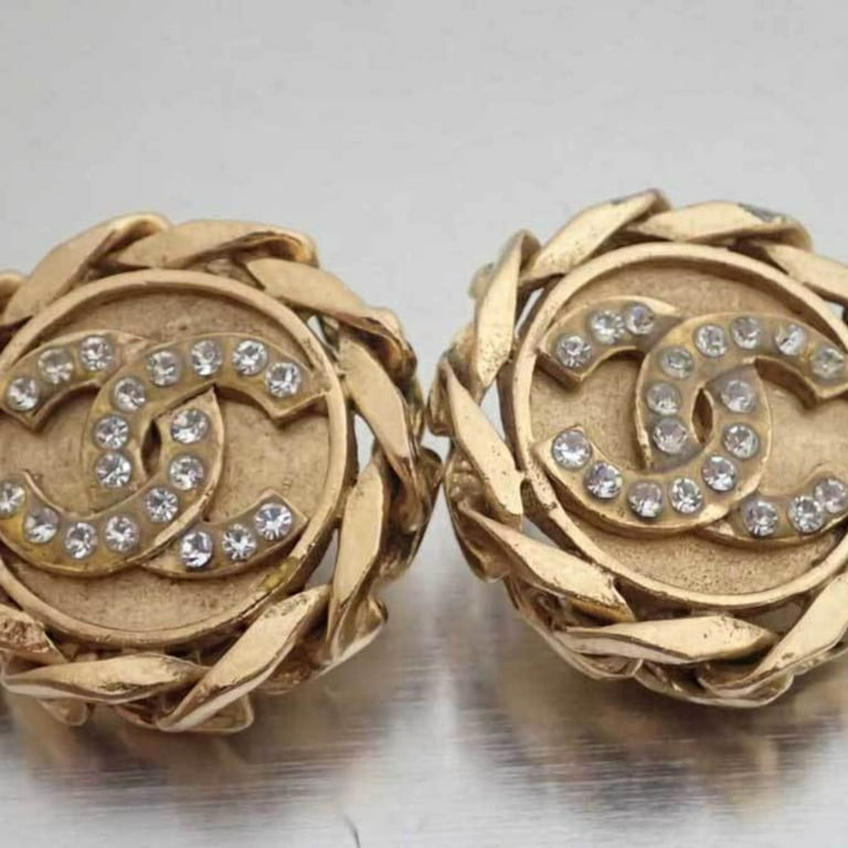Pre-Owned Chanel CHANEL Earrings Coco Mark Gold x Silver Rhinestone Round  Women's (Good)