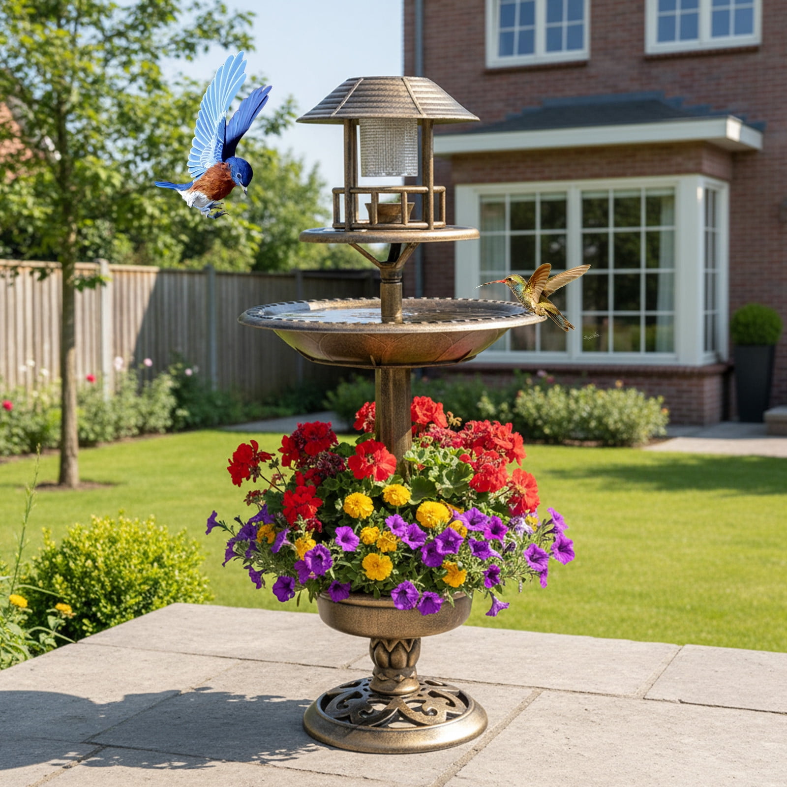 Solar Bird Bath Feeder for Outdoors – Vintage Double Layer Bird Feeder with LED Solar Light, Weatherproof Plastic Bowl for Feeding, Watering, and Garden Decoration, 95cm Tall