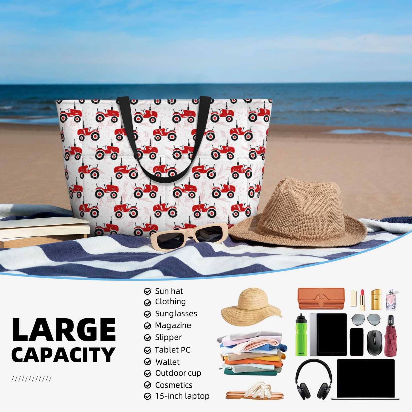 Kuqiui Red Wheeled Tractors Print Beach Pool Bags Tote for Women Ladies Large Gym Tote Carry On Bag for Weekender Travel Waterproof