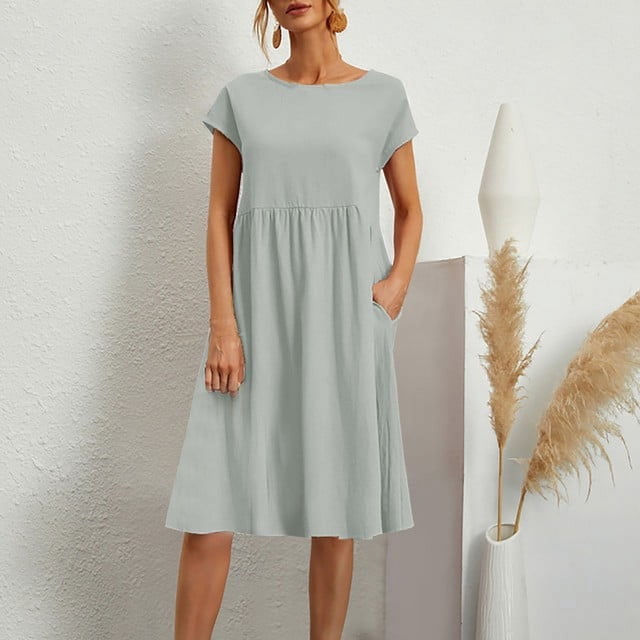 JUNWELL Robes d'Été pour Vacances Longueur Genou Amples Décontractées Robe Blanche Poche Coton Lin Col Rond Jupe Ligne A Grande Taille платье женское