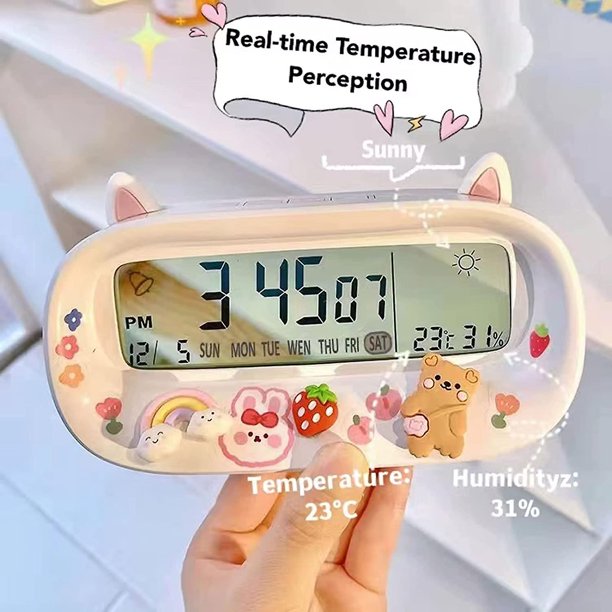 White Reloj despertador para niños con repetición, reloj despertador digital para niñas y niños, pantalla de temperatura, reloj digital para estudiantes, diseño simple para sala
