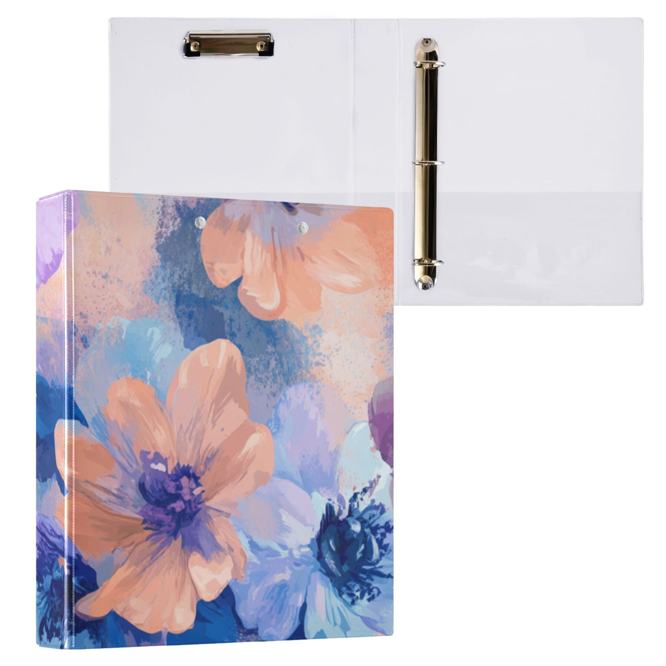 Blue Orange Flowers 3 Ring Binders 1.5 inch Hardcover File Folders with Interior Pockets A4 Size Organizer for School Office Hospital