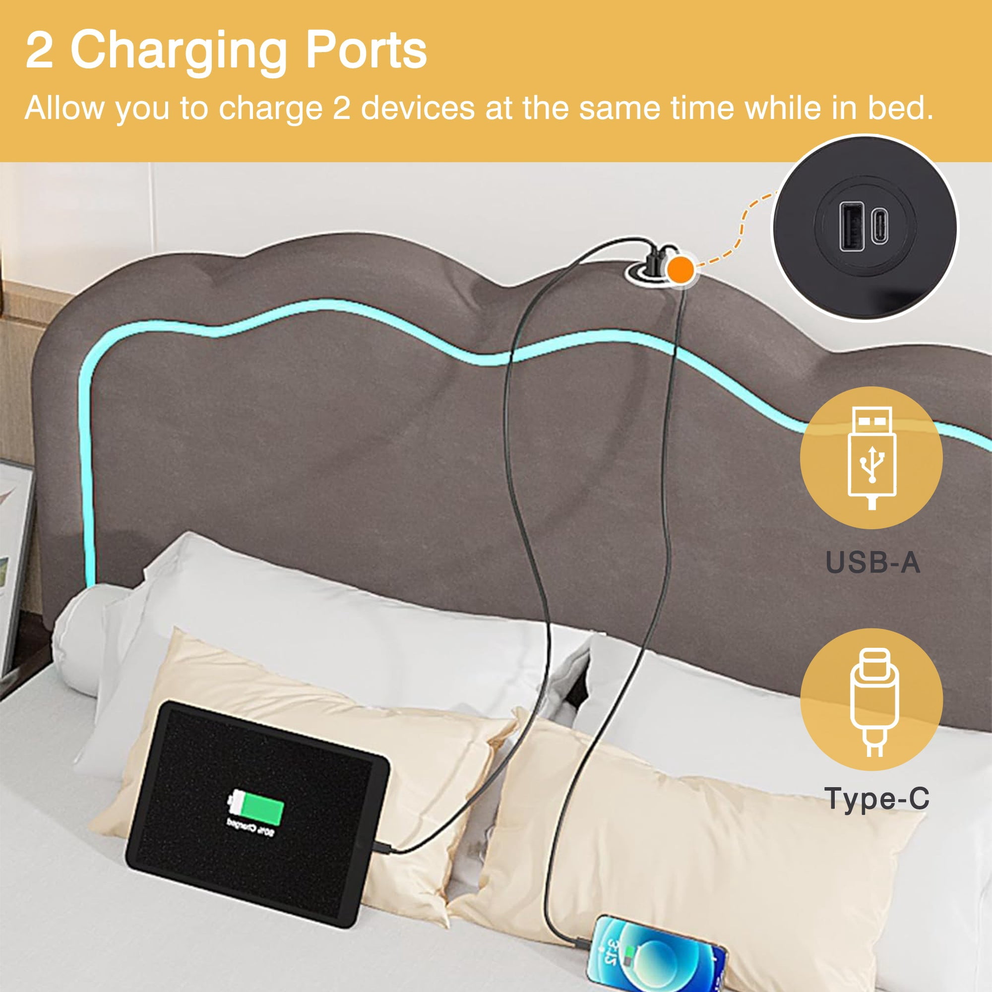 VECELO LED Bed Frame, Full Size Upholstered Platform Bed Frame with Adjustable Charging Station Headboard, No Box Spring Needed, Easy Assembly, Gray