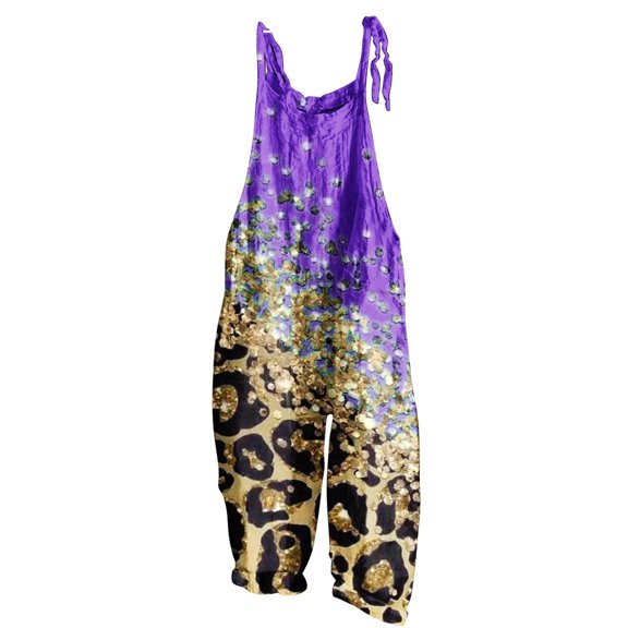 QATAINLAV Women's Casual Leopard Print Jumpsuits Linen Wide Leg Overalls Plus Size Loose Fit Rompers Summer Adjustable Straps Playsuit One Piece Pants, Purple, M