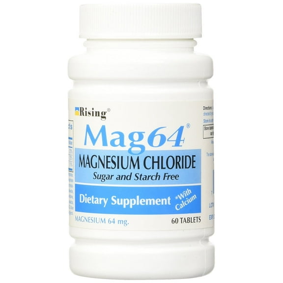 Rising Mag64 Magnesium Chloride Dietary Supplement Delayed-Release Tablets with Calcium Sugar and Starch Free 64 mg 60 Count (Pack of 3)