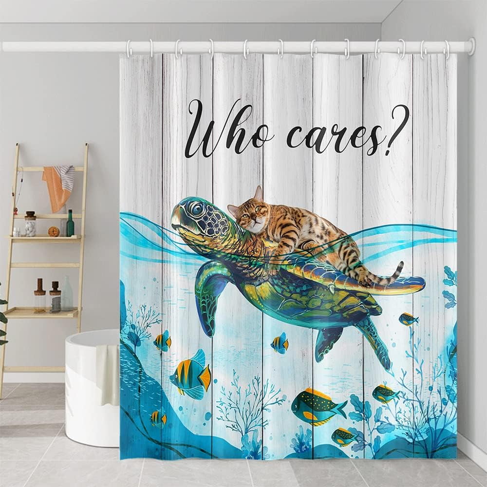 JOOCAR Funny Cat Shower Curtain Brown Kitten Lying on Sea Turtle Teal Blue  Ocean Coral Fish Who Cares Shower Curtain Machine Washable Waterproof Polyester  Fabric with 12 Hooks, 72x72 Inch 