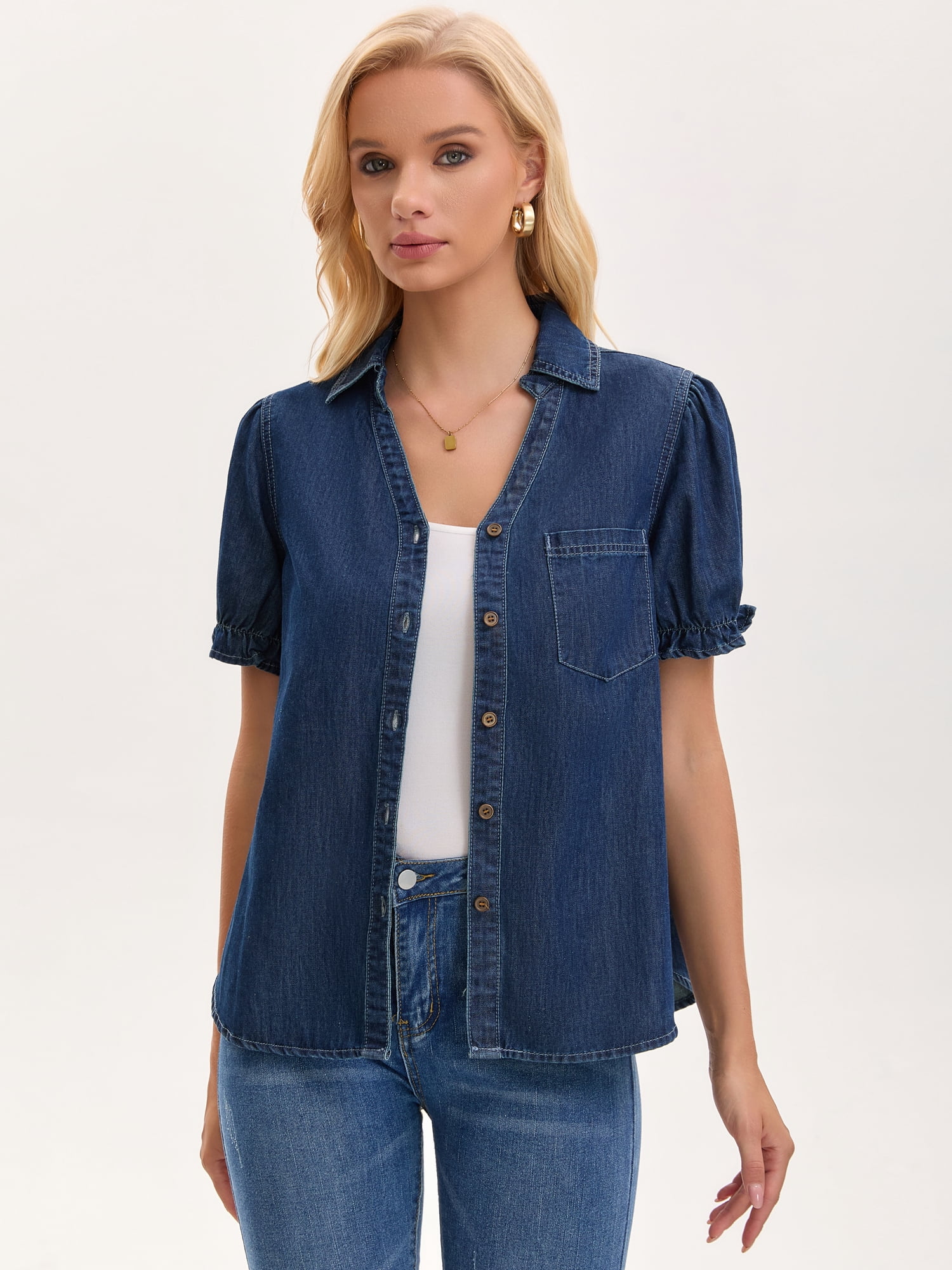 DARING DIVA Women's Denim Shirt Short Sleeve V Neck Button Front Jean Tops 2XL Dark Blue