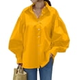 thumbnail image 2 of CIENVNSTG Women's 2026 Spring Fall Trendy Casual Lapel Button Down Shirt Lantern Puff Long Sleeve V Neck Loose Solid Plus Size Oversized Blouse Top Breathable Office Work Daily Outfit Yellow 4XL, 2 of 6