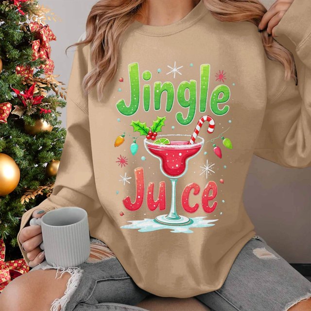 Chandail à Capuchon Jingle Juice pour Femmes, Décontracté, à Thème de Noël, Col Rond, Manches Longues, Chandail Molletonné