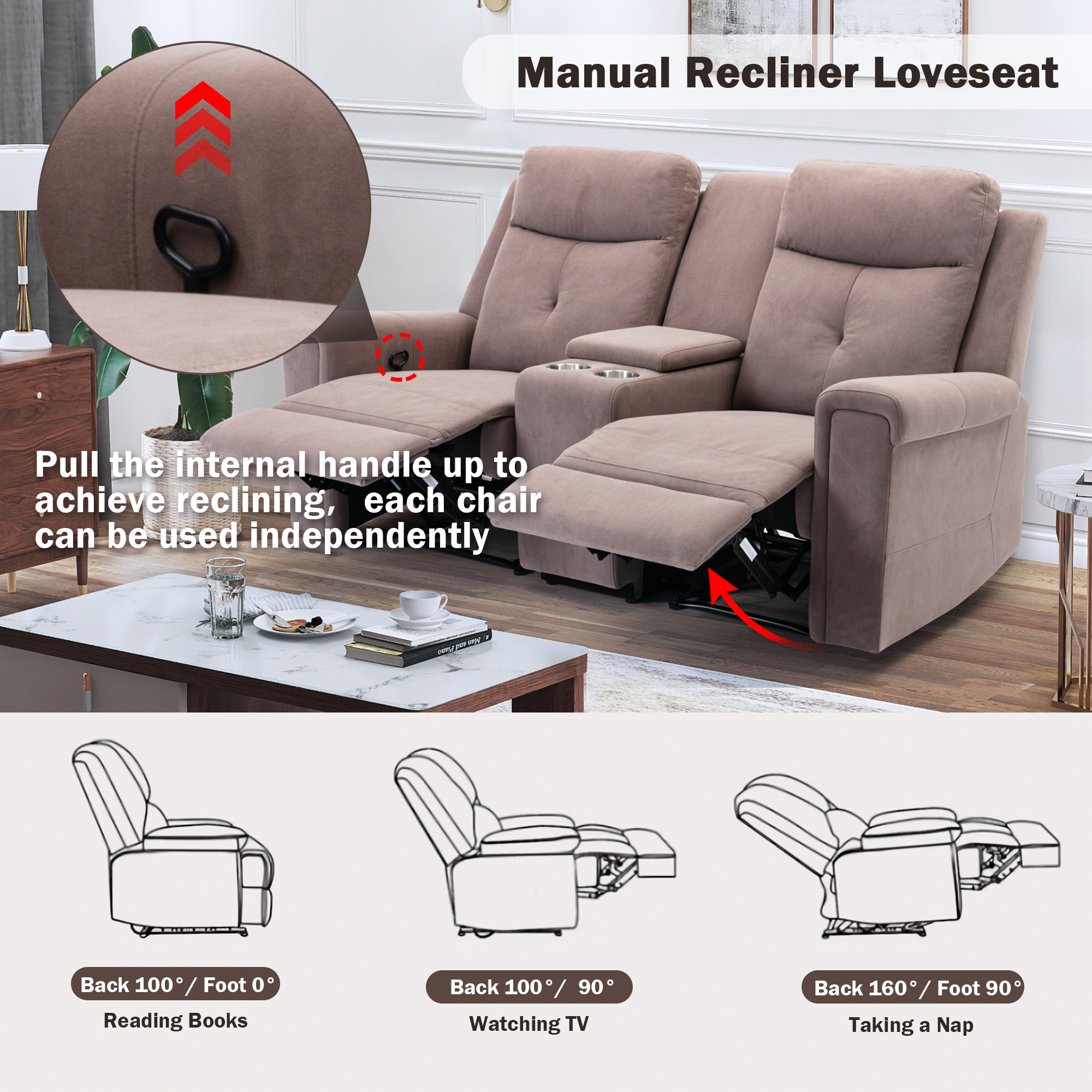 Kepooman Polyester Fabric Manual Motion Loveseat with Storage Box & Two Cup Holders Kepooman Polyester Fabric Manual Motion Loveseat with Storage Box & Two Cup Holders