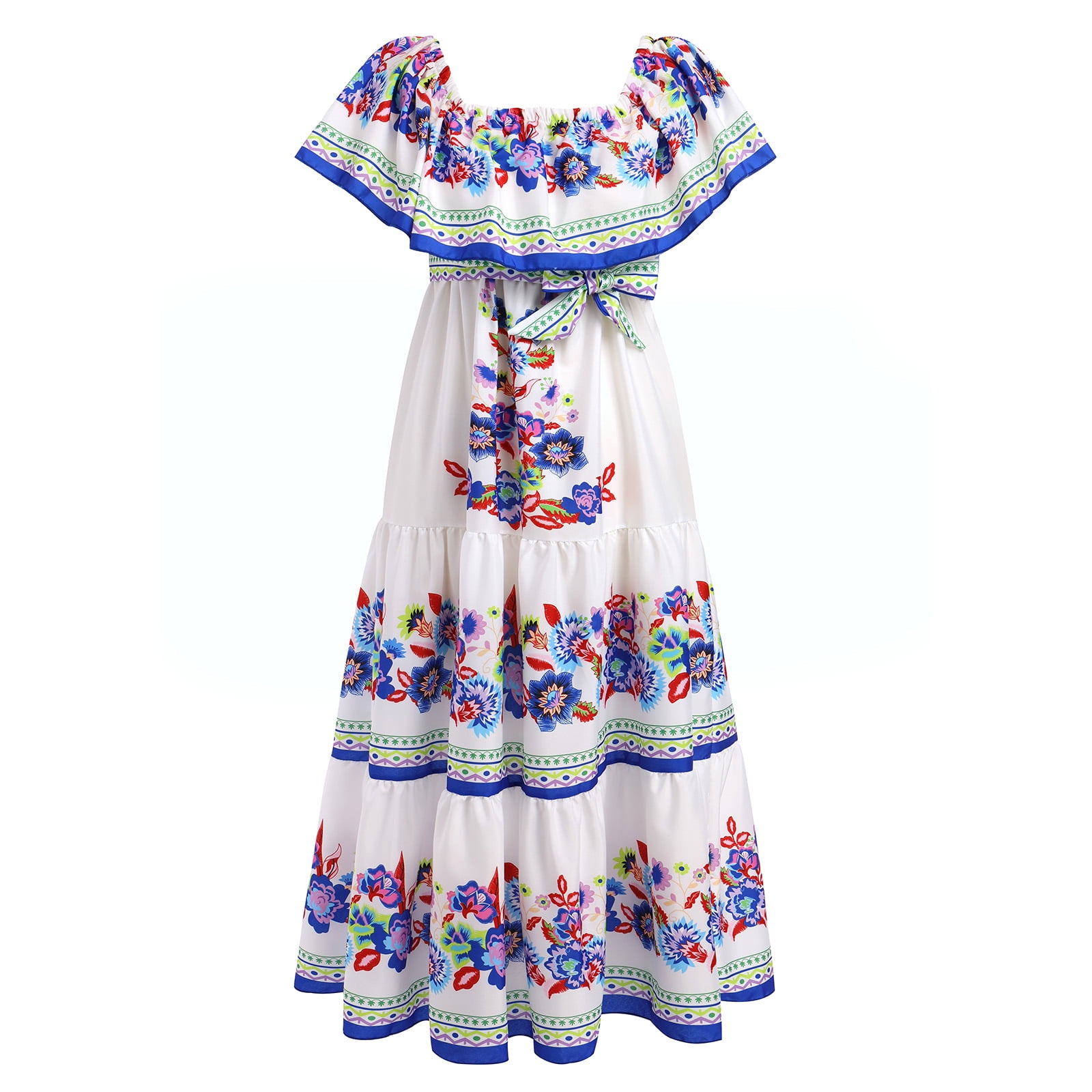 IBTOM CASTLE Women's Mexican Dress Floral Print Smocked Traditional Wear  Off Shoulder Beach Holiday Party Long Maxi Dresses XL White + Blue -  Walmart.com