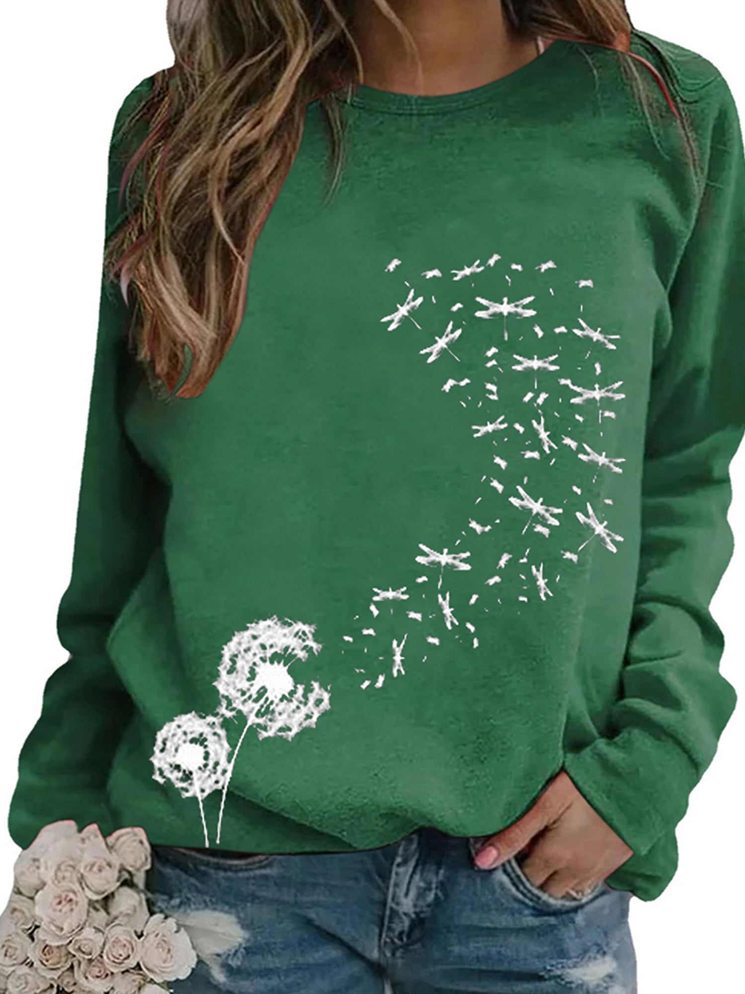 Lozeny Women Cat Dandelion Graphic Tops Shirts Cute Crewneck Long Sleeve Pullover Fashion Lightweight Casual Sweaters Tee 
