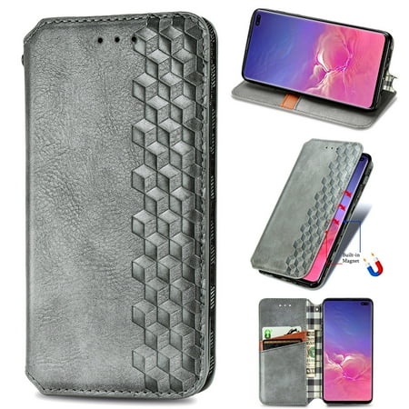 Galaxy S10 Plus Case, PU Leather TPU Wallet Cover with Card Holder Kickstand Hidden Magnetic Adsorption Shockproof Flip Folio Cell Phone Case for Samsung Galaxy S10 Plus 6.4 inch 2019, Gray