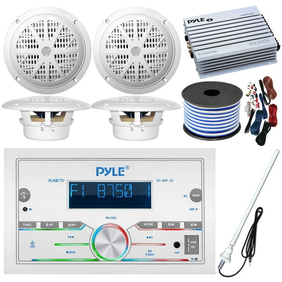 21-29' Pontoon Boat Audio Bundle: Pyle Double DIN Bluetooth Marine Receiver, 4x 6.5'' Waterproof White Speakers, 4-Channel Amplifier, Amp Installation Kit, 18 Gauge 50 FT Speaker Wire, Radio Antenna