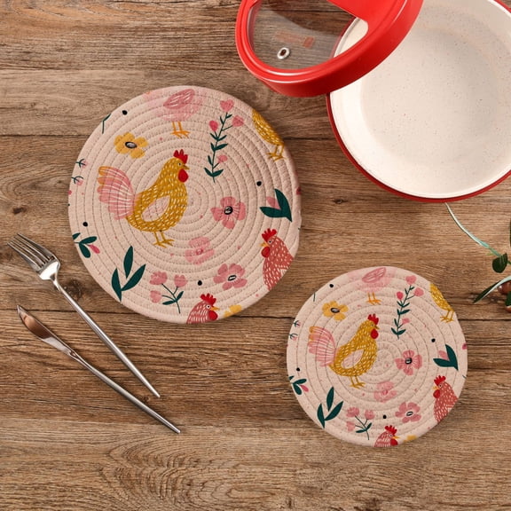 Chickens Trivet Mats Set Cotton Woven Non-Slip Pot Holders Heat Resistant for Hot Pots Pans Dishes Pats