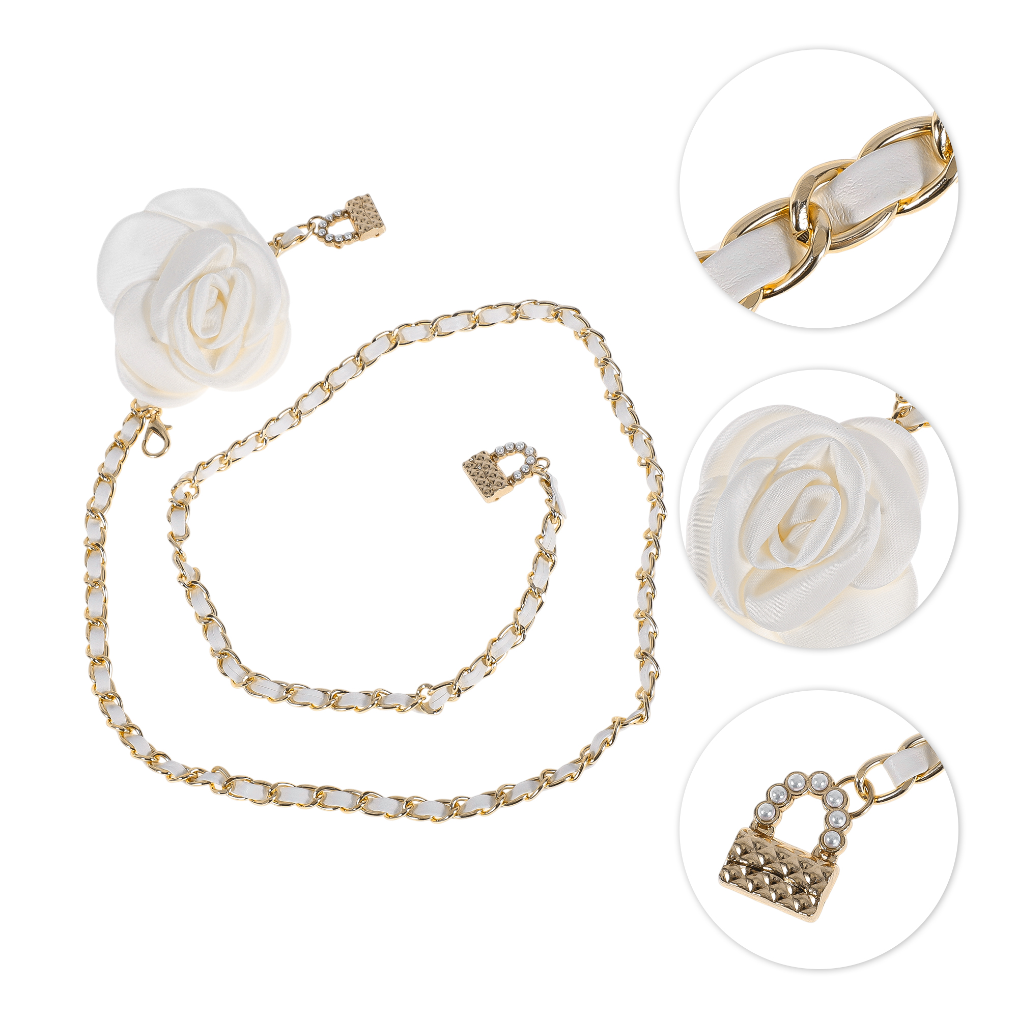 Unique Bargains Flower Adjustable Waist Belt with Adjustable Clasp Design Gold Tone, White