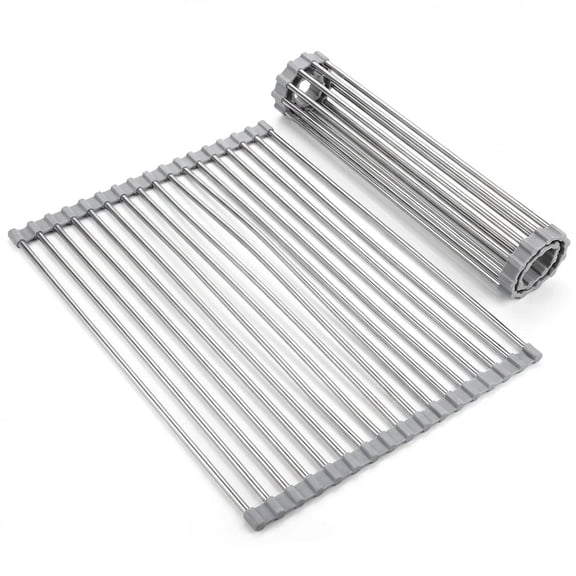 1 Pack 18.5" x 15.7" Roll-Up Dish Drying Rack, Over-Sink Foldable Kitchen Sink Rack, Anti-Slip Multipurpose Stainless Steel Drying Rack for Plates, Pots & Utensils, Gray