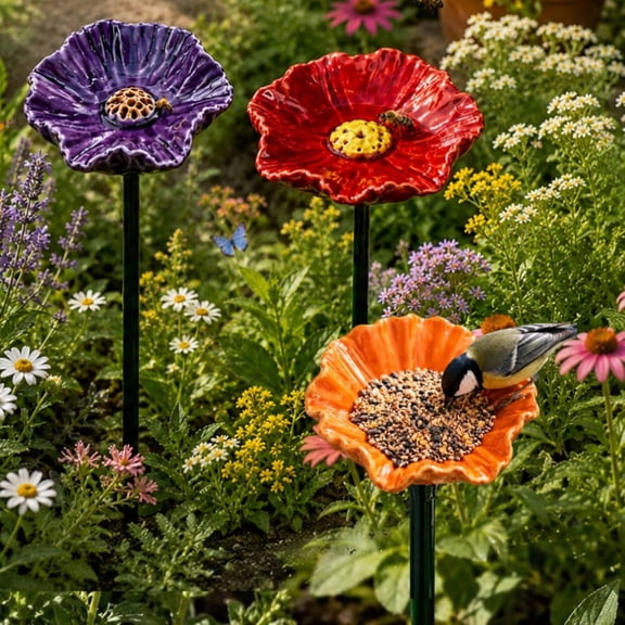 Ceramic Bee Watering Station for Garden, 25cm Bee Blossoms for Water Ceramic, Pollinator Feeder Flowers for Bees, Water Drinking Station Bowl, Rain Catcher Mini Bird Baths On Stakes