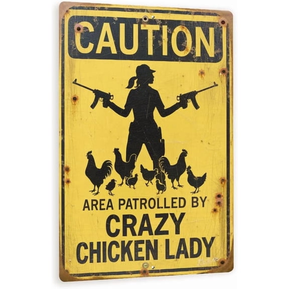 Crazy Chicken Lady Sign – Funny Caution Farm Sign, Vintage Metal Chicken Warning Wall Decor, Rustic Backyard Poultry Humor 8x12