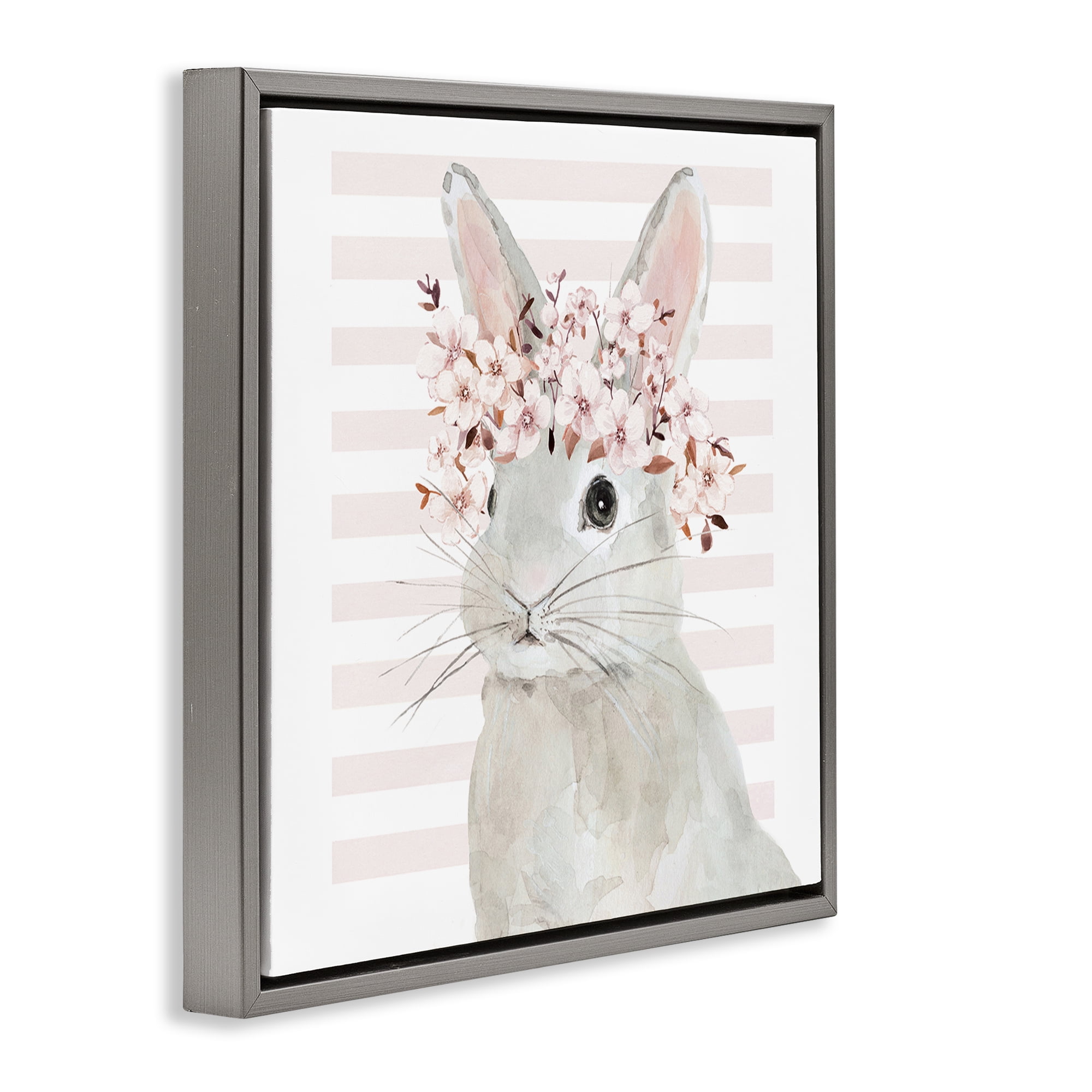 Stupell Industries Cherry Blossom Bunny Animals Painting Gray Floater Framed Canvas Art Print Wall Art, 25 x 25