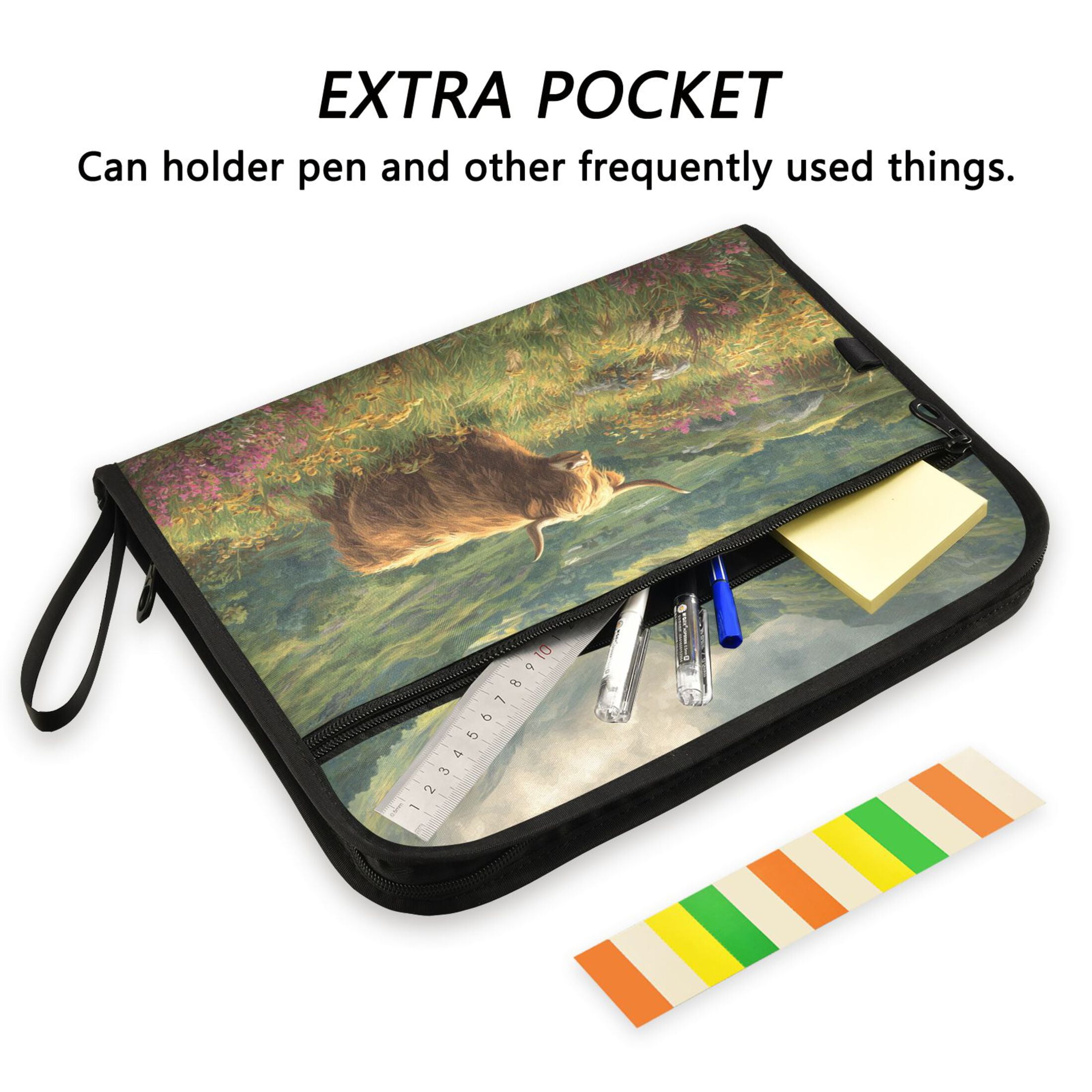 Accordion File Organizer with Zip Closure 13 Pockets Expanding File Folder Letter A4 Paper Document Organizer for Home Office Cow in Green Rolling Hills