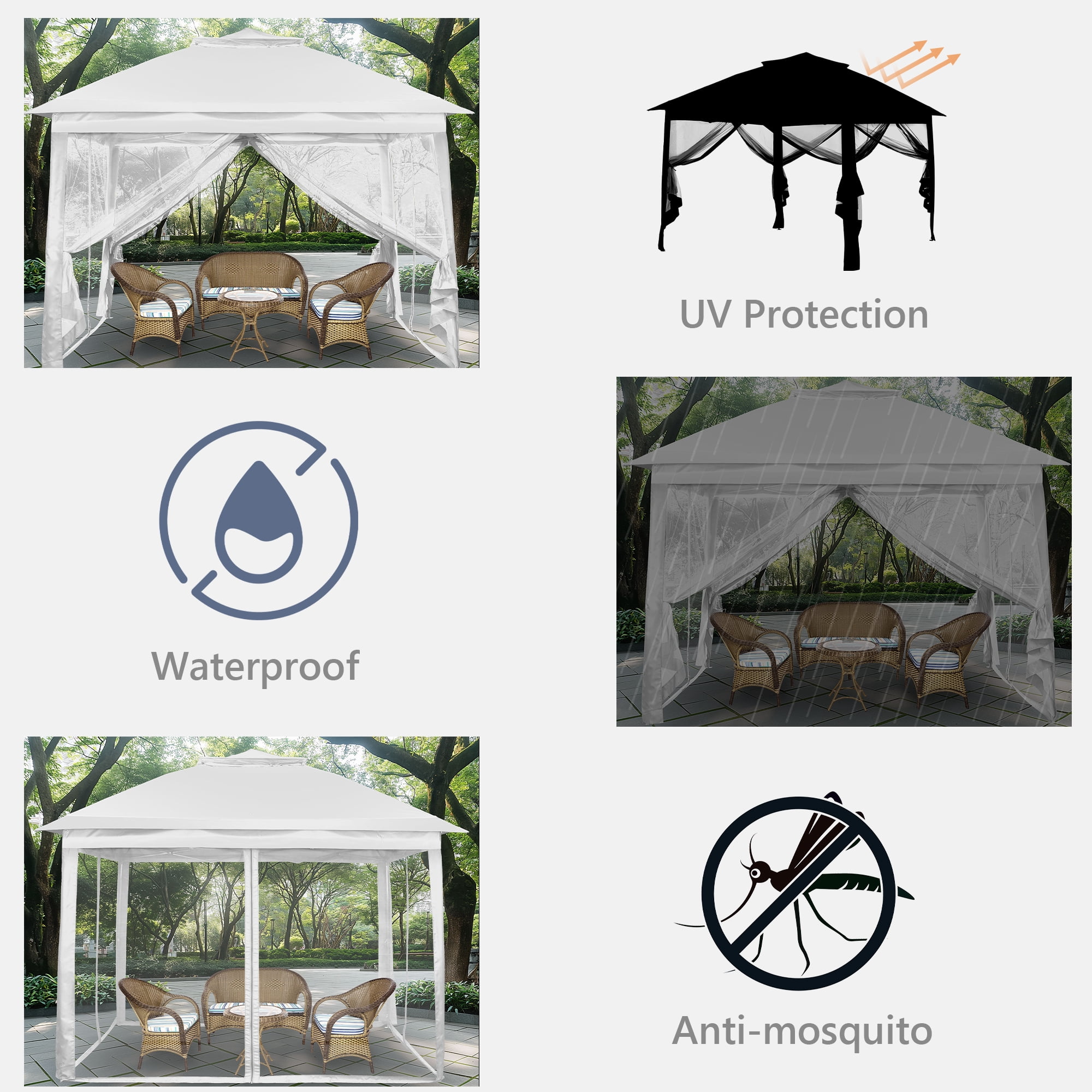 Ainfox 11x11 ft Outdoor Patio Pop Up Canopy Gazebo with Heavy Duty Frame, Mosquito Netting & UV Protection,White