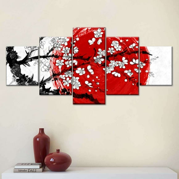 5 Panel Japan Cherry Blossom Wall Art Sakura in Blossom and Red Sun Canvas Painting Zen Poster for Living Room Wall Decor, unframed.
