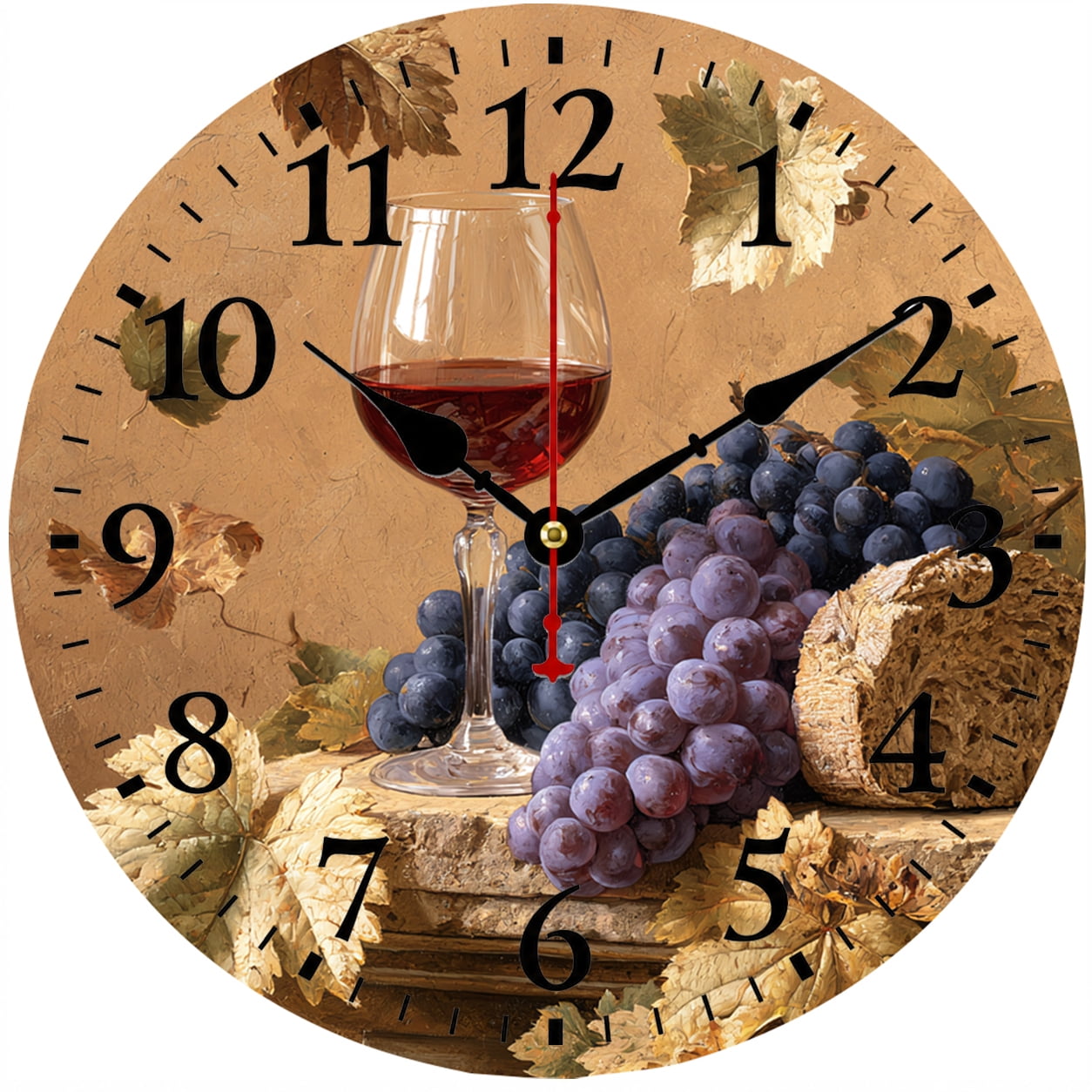 9.84 Inch Wine Grapes Wall Clock, Vintage Rustic Kitchen Decor, Battery Operated Analog Round Clock for Living Room Dining Room