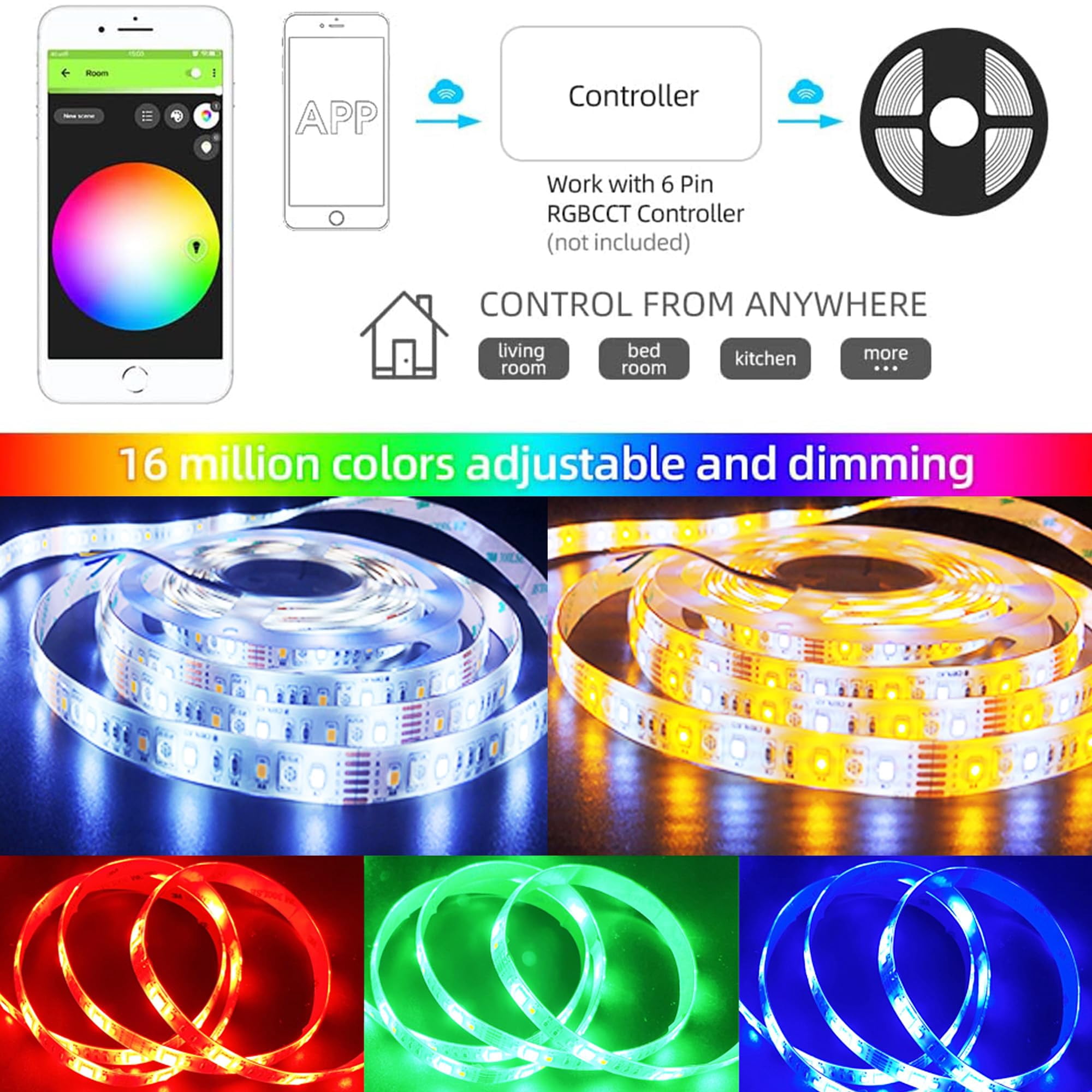 GIDEALED RGBWW LED Strip Light 12V,2700K~6500K WW CW&16 Million RGB Color Changing for Bedroom