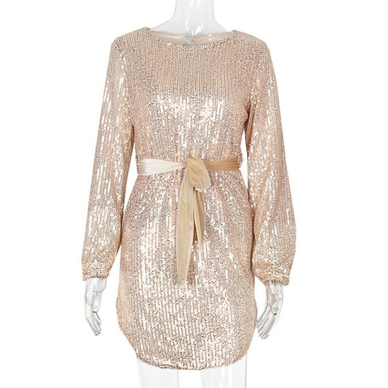 WHLBF Women Plus Women's Round Long Sleeve Sequined Cocktail Party Dress Fashion Gold - Walmart.com