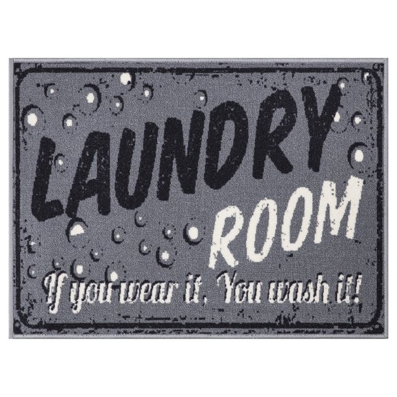 Ottomanson Non-Slip Rubberback Text 2x3 Laundry Room Rug, 26" x 35", Dark Gray
