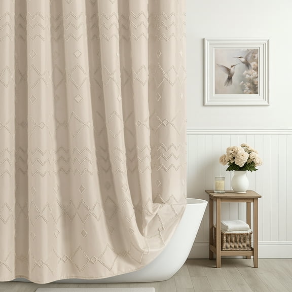 Seasonwood Beige Shower Curtain Boho Woven Modern Farmhouse Fabric Shower Curtain 72"x84" Textured Tufted Striped