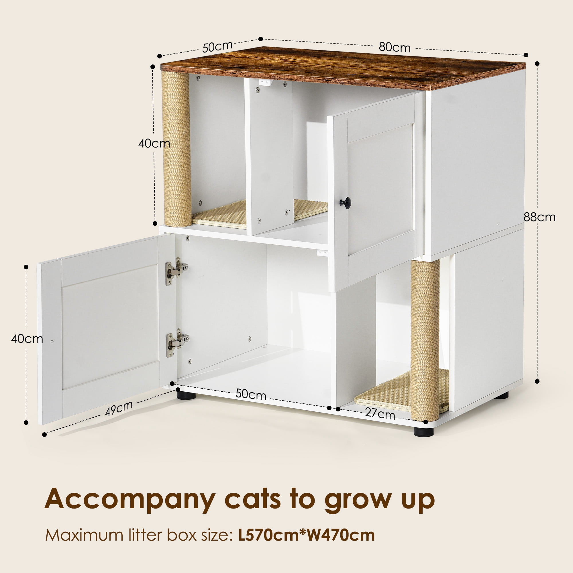 Double Cat Litter Box Enclosure for 2 Cats, 2-Tier Hidden Cat Washroom Cabinet with Scratching Post and Shelf, Enclosed Litter Box Cover for Living Room, White Vintage