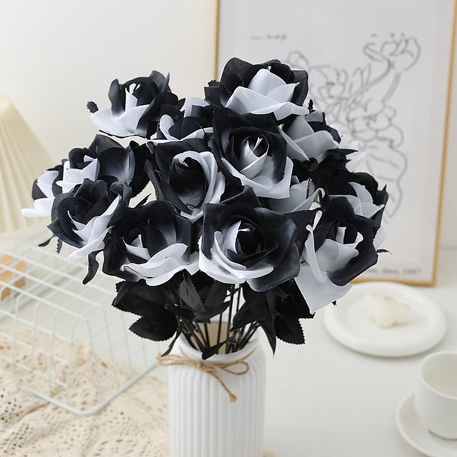 Ramo de Rosas Artificiales de Seda Negra - Decoración para Fiestas de Bodas y Halloween (3 Piezas)