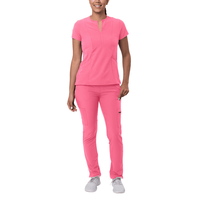 Adar Addition Go-Higher Scrub Set For Women - Notched V-Neck Scrub Top & Skinny Cargo Scrub Pants